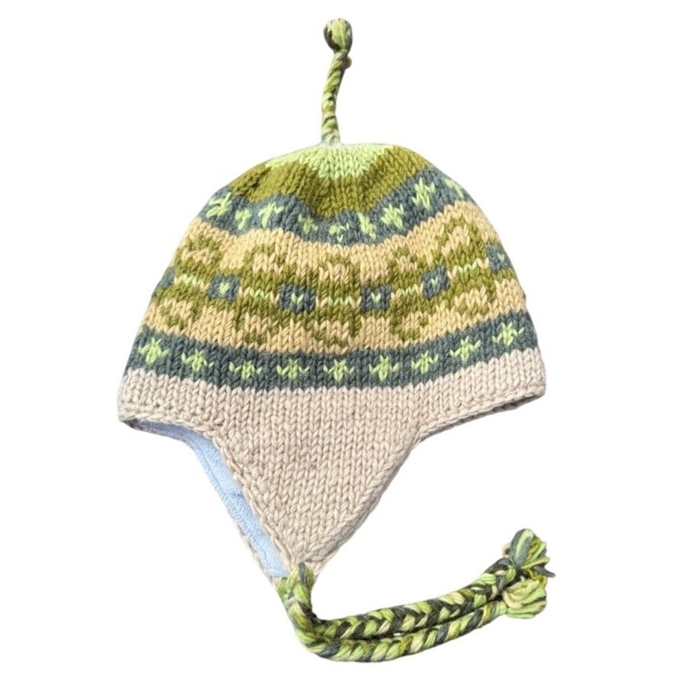 Himalayan Handicraft Centre Wool Earflap Hat Green Fair Isle Fleece Lined Nepal